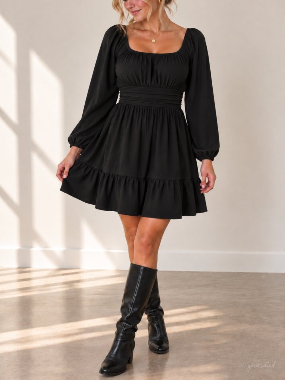 NWT Black Square Neck Mini Dress Women's Large Long Sleeve Ruched Fit Flare